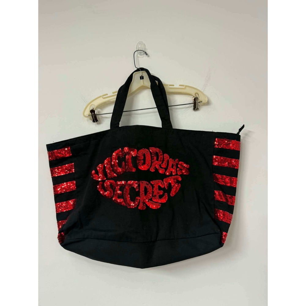 Victorias Secret Tote Bag Black Canvas Red Sequin Lips Stripes Large Travel Zip